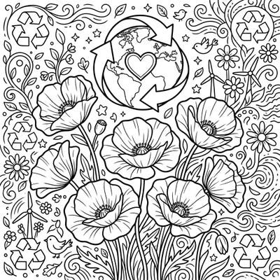 Dive into a beautiful Earth Day coloring adventure with this intricate design featuring cheerful poppies and powerful symbols of environmental care. It's the perfect way to combine artistic expression with a message of sustainability and hope for our planet.