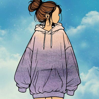 realistic girl with a oversized sweatshirt on and a bun