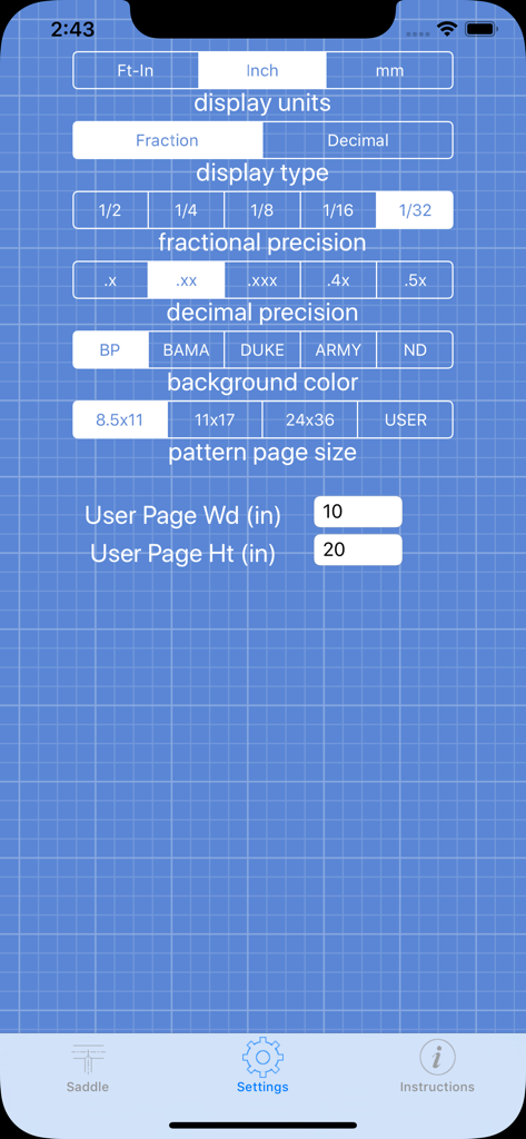 Pipe Saddle Layout Calculator - Settings screen of the Pipe Saddle Layout Calculator app showing unit and precision preferences.