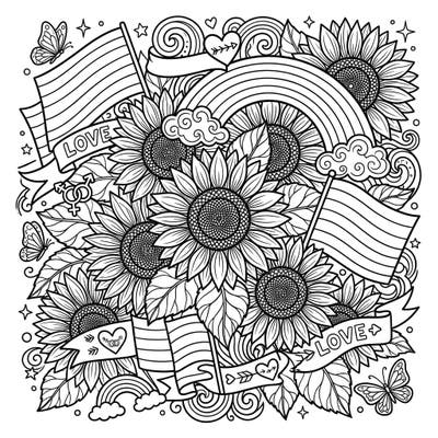 Immerse yourself in a vibrant celebration of nature and pride with this intricate coloring page. Featuring robust black oil sunflowers beautifully intertwined with symbols of love, diversity, and community spirit.