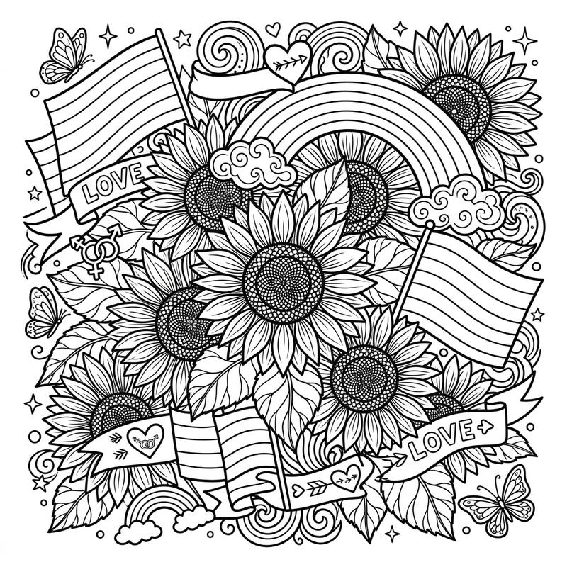 Immerse yourself in a vibrant celebration of nature and pride with this intricate coloring page. Featuring robust black oil sunflowers beautifully intertwined with symbols of love, diversity, and community spirit.