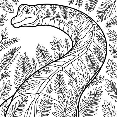 Unearth your creativity with this detailed Brachiosaurus neck coloring page, thoughtfully crafted for seniors. Its clear, bold lines and engaging prehistoric foliage provide a relaxing and stimulating artistic escape.
