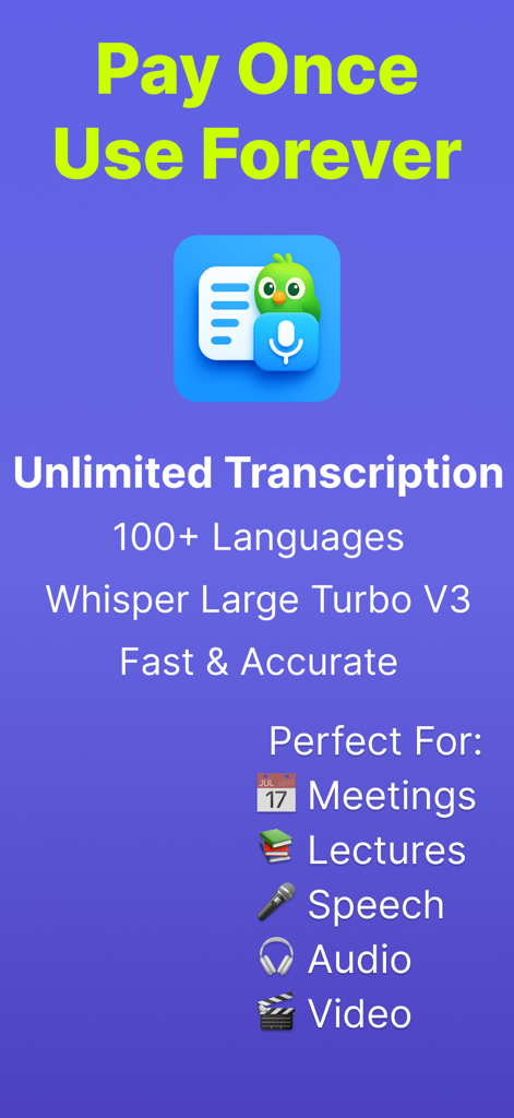 LoroNote - AI Transcribe - LoroNoteアプリのスクリーンショット。永久アクセス権と無制限のAI文字起こし機能を表示。