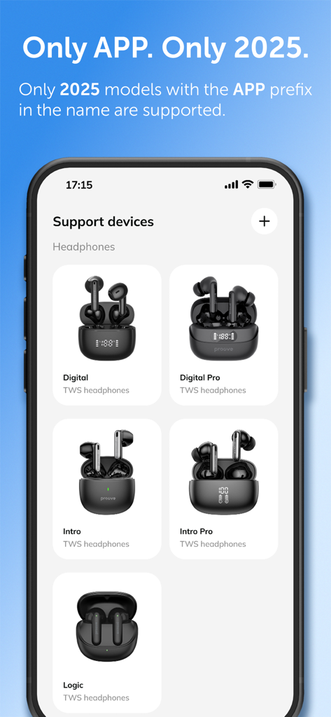 Proove - Mobile app screen showing a list of supported Proove TWS headphones for pairing