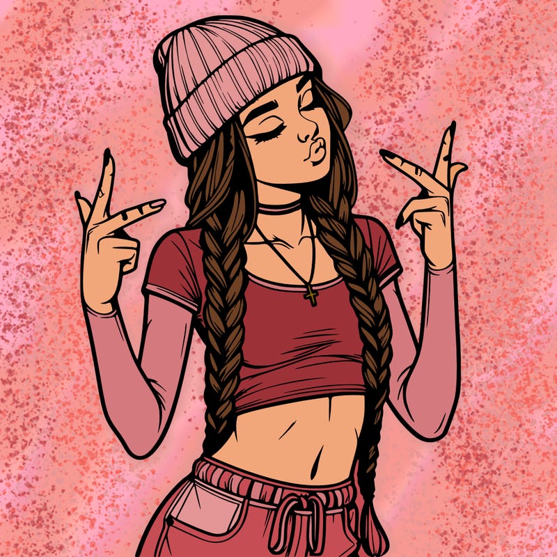 realistic teenage girl with braids and a beanie and crop top doing 🫶🏼