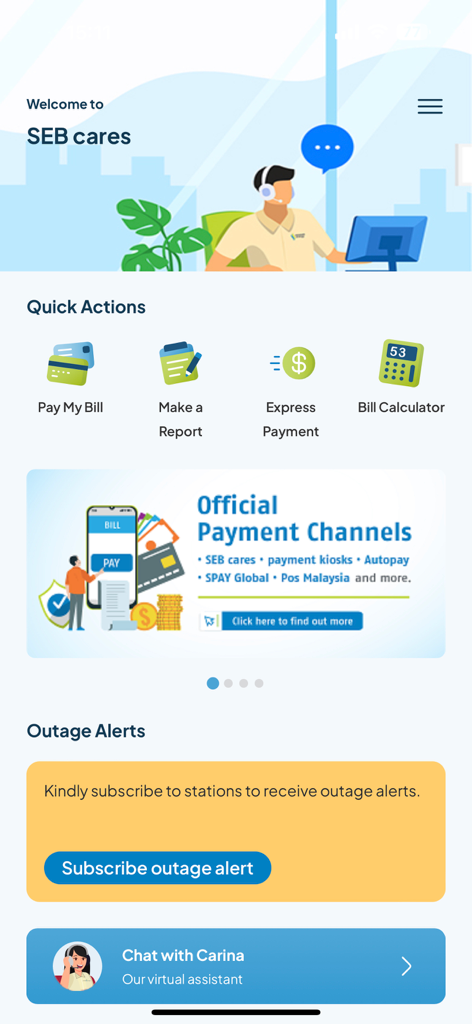 SEB cares - The SEB cares mobile app home screen featuring bill payment options and outage alert subscriptions.