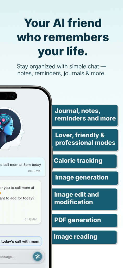 Memozy app interface displaying AI assistant features like journaling calorie tracking and image generation