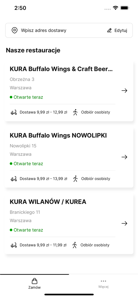 KURA - Interfaz de la aplicación móvil mostrando una lista de ubicaciones de restaurantes KURA con opciones de entrega y recogida