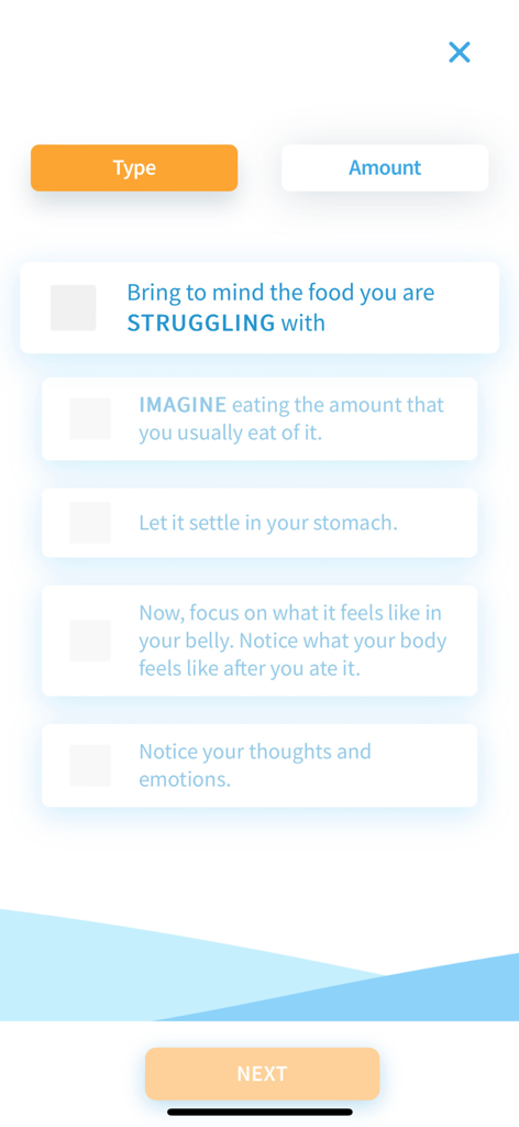 Guided mindfulness exercise in the Eat Right Now app for reflecting on food cravings and body sensations.