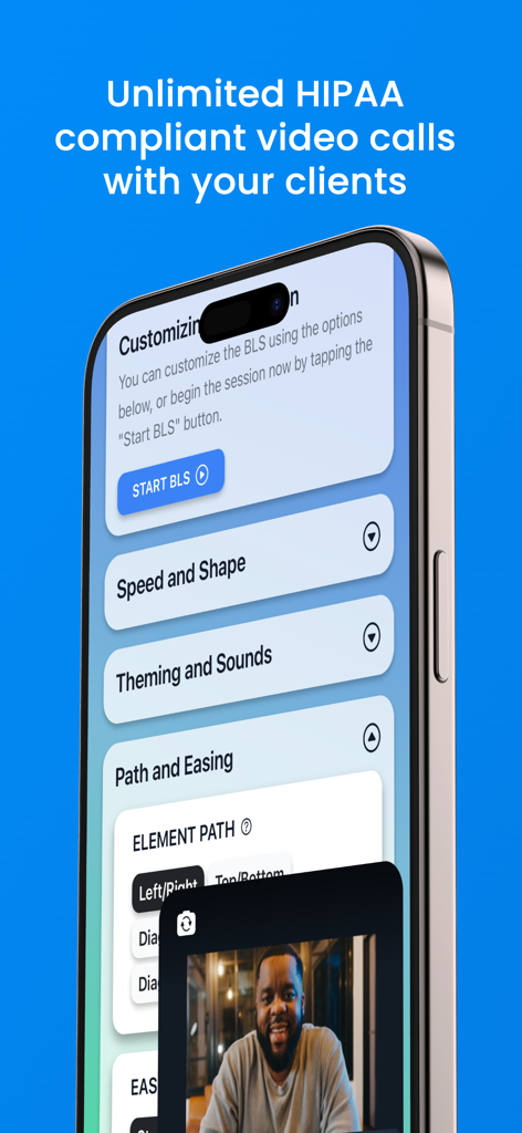 Teletherapy by Easy EMDR - Interfaz de la aplicación Teleterapia de Easy EMDR en un teléfono inteligente que muestra videollamada compatible con HIPAA y herramientas de personalización de sesión EMDR