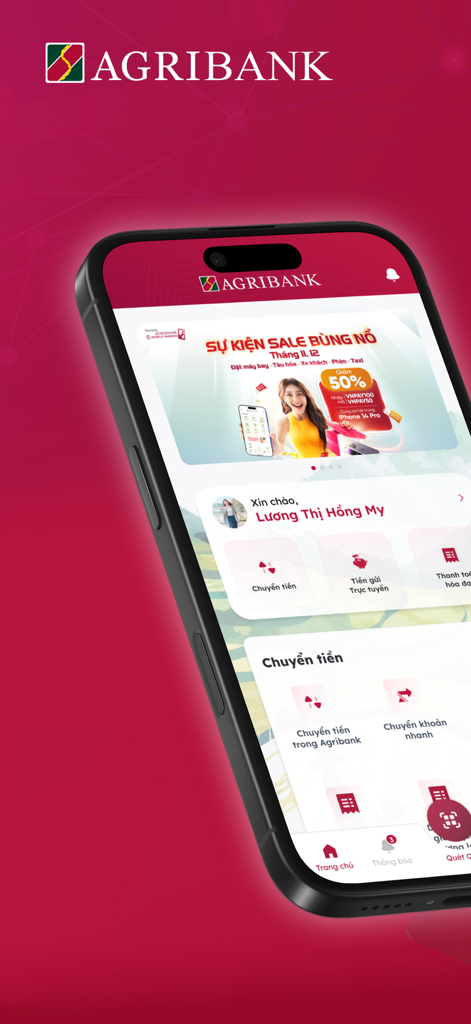 Smartphone screen showing the Agribank Retail eBanking app home page with Vietnamese text