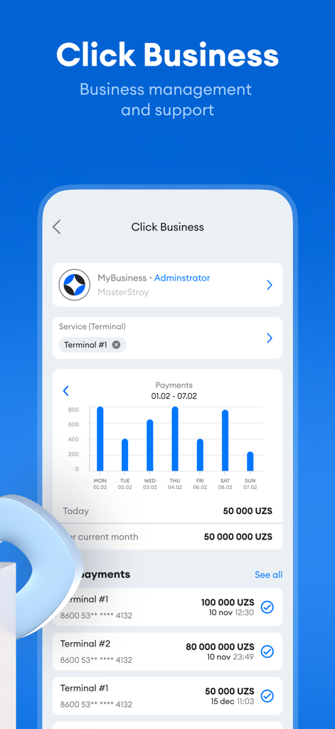 Dashboard of Click Business showing payment statistics and recent transaction history