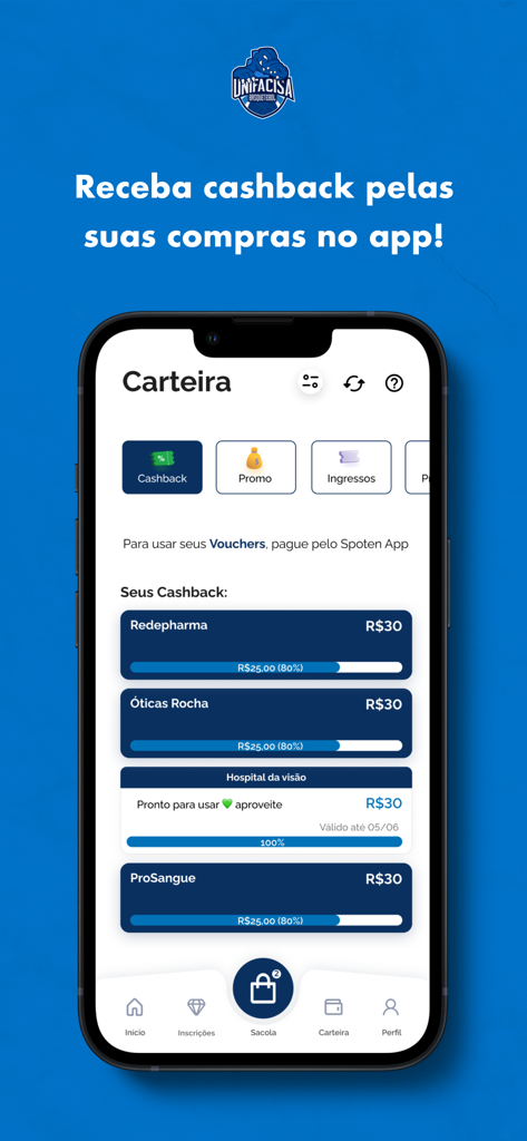 Basquete Unifacisa - A interface da carteira do aplicativo Basquete Unifacisa apresentando recompensas de cashback e promoções de parceiros