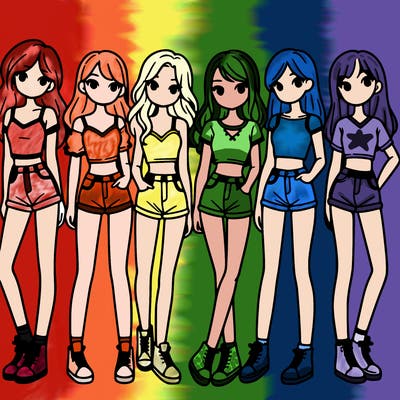 a group of girls wearing crop tops and shorts