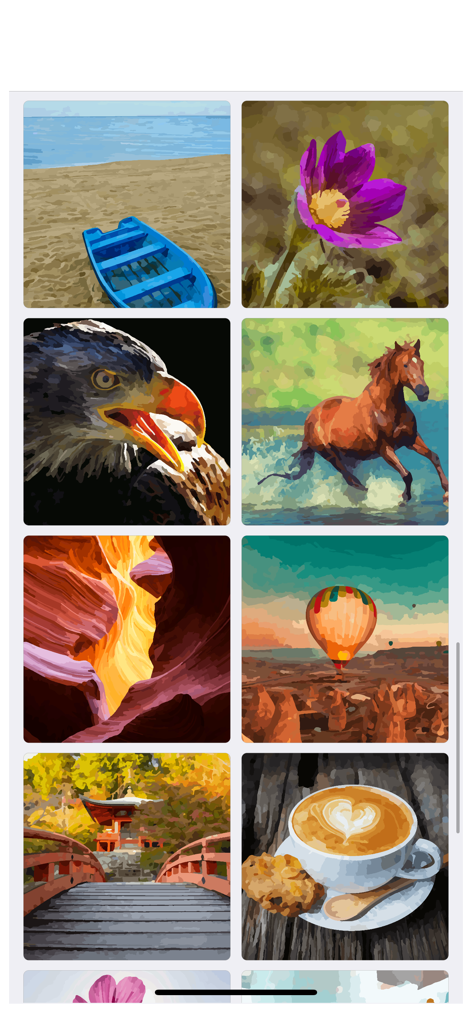 Oil Painting - Color By Number - A grid of artistic oil painting templates including a horse flower eagle and landscape