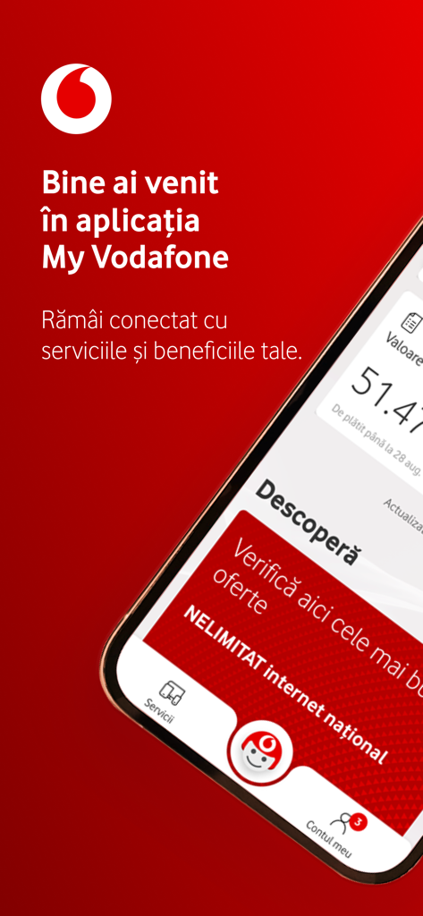 My Vodafone Romania - My Vodafone Romaniaモバイルアプリのウェルカムスクリーン。インターフェースと、無制限インターネットのプロモーションオファーが表示されています。