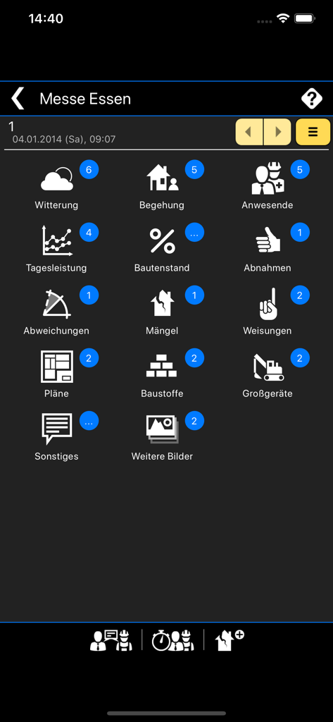 Dashboard of the Bautagebuch Mobile app showing various construction site documentation categories including weather, defects, and material logs