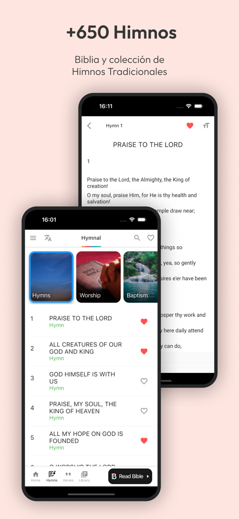 SDA Adventist Hymnal app interface showing a list of traditional hymns and detailed lyrics on two smartphone screens
