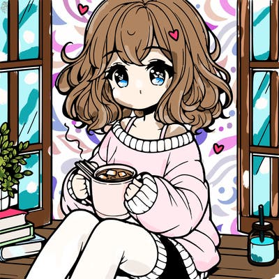 cute anime girl reading book and drinking hot chocolate from mug with loose wavy hair wearing a baggy sweatshirt and shorts sitting by windowsill looking out