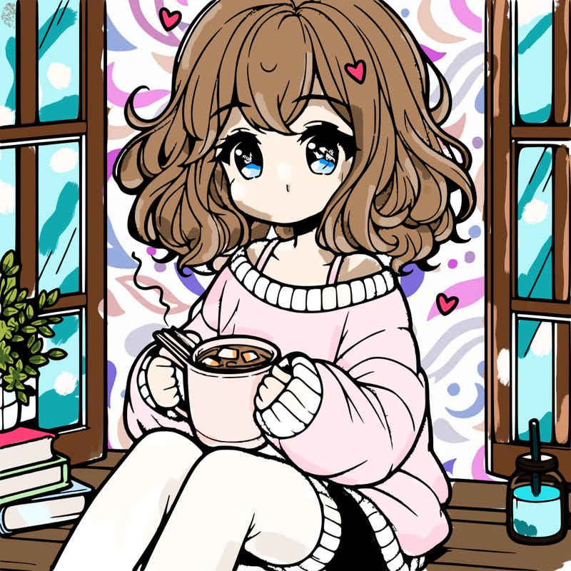 cute anime girl reading book and drinking hot chocolate from mug with loose wavy hair wearing a baggy sweatshirt and shorts sitting by windowsill looking out