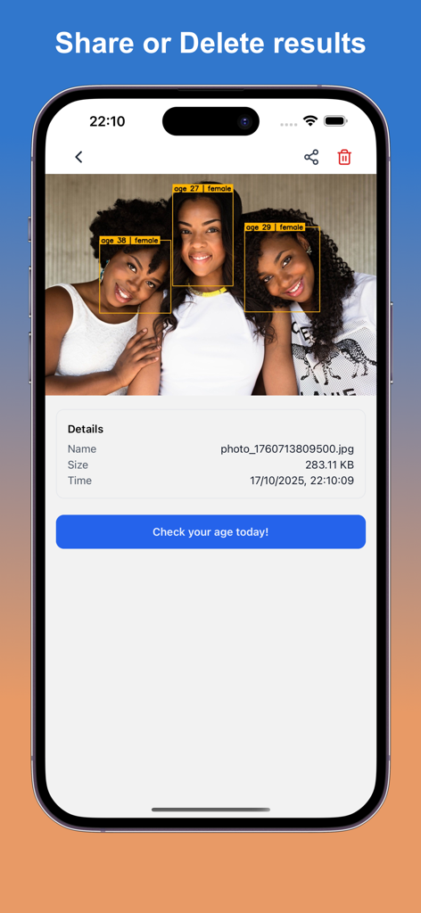 Interfaz de la aplicación móvil que muestra los resultados de detección de edad y género facial IA para un grupo de tres mujeres