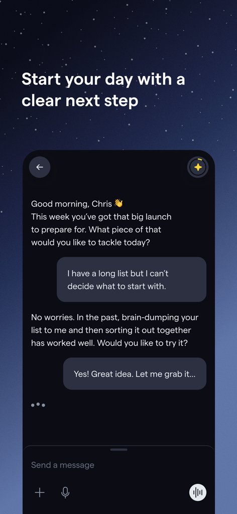 Indy: Your ADHD Copilot - A chat interface from the Indy ADHD app showing a morning check-in to help a user overcome task paralysis by brain-dumping priorities.