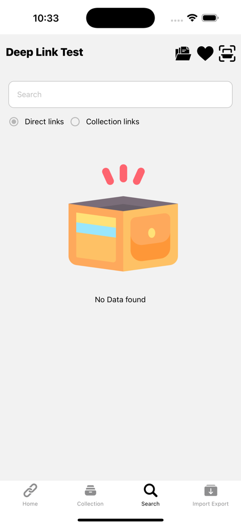 Search screen for deep link tester app with direct and collection link filters