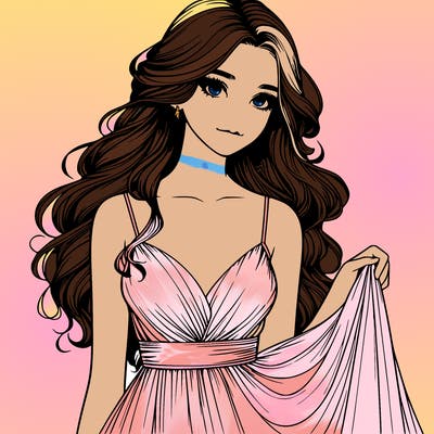 realistic girl in flowy silky prom dress