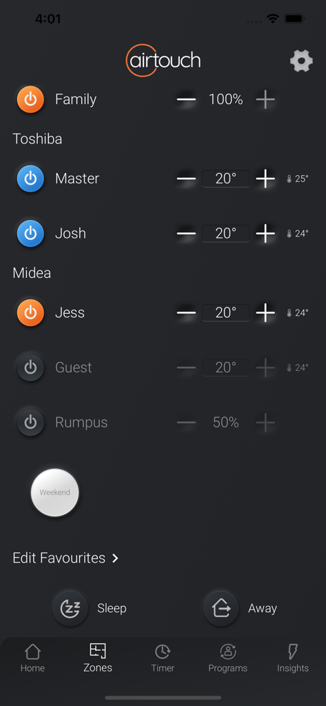 AirTouch 5 - AirTouch 5 mobile app interface for multi-room HVAC zone temperature control
