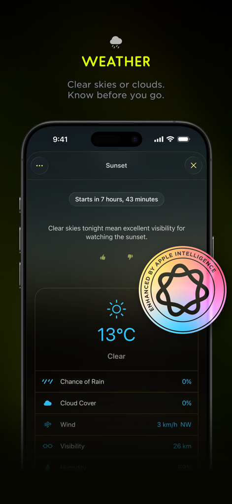 L'interface météo de l'application Lumy affiche le compte à rebours du coucher du soleil et les informations de visibilité, optimisée par Apple Intelligence.