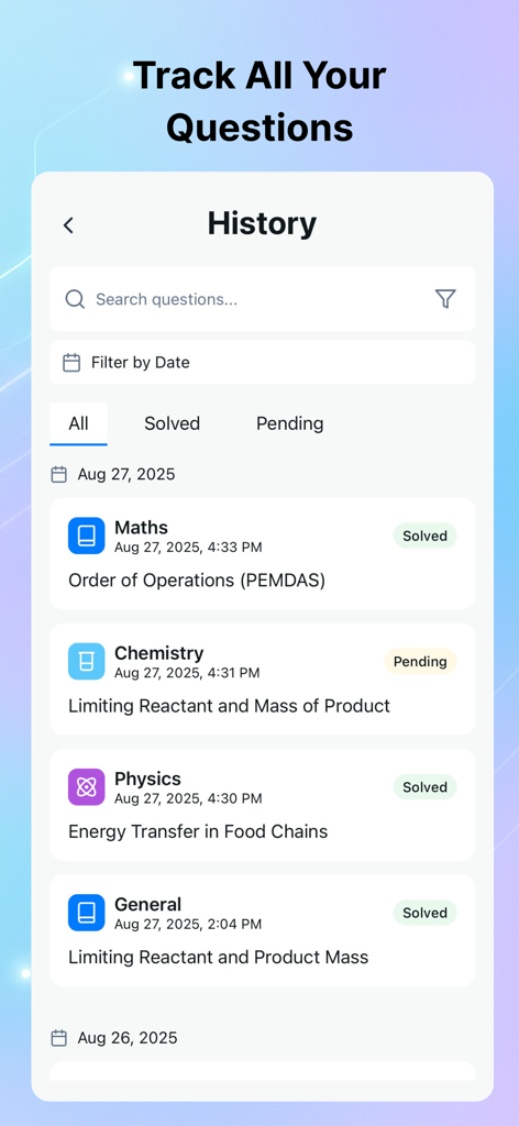 Study AI: Your Smart Companion - Eine Verlaufsanzeige in der Study AI App, die eine Liste gelöster und ausstehender akademischer Fragen nach Fach kategorisiert anzeigt.