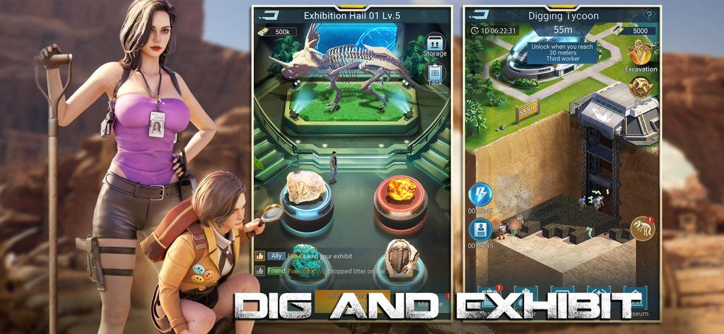 De-Extinct: Jurassic Dinosaurs - Archaeology team excavating fossils and displaying a dinosaur skeleton in a museum exhibition hall