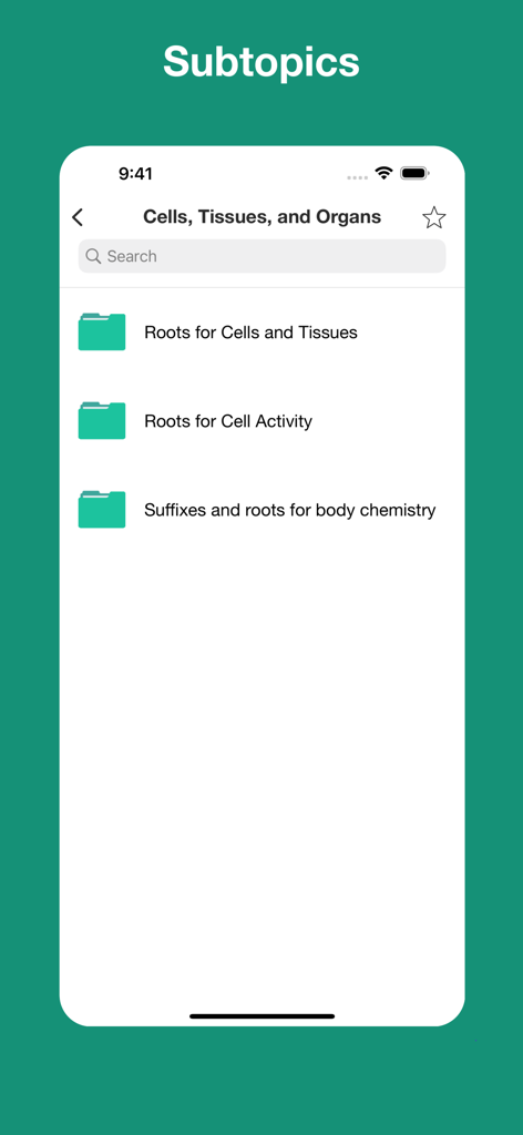 Interface showing medical terminology subtopics for cells tissues and organs
