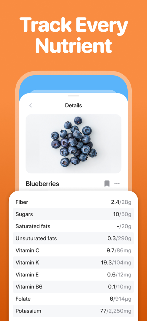 CalRizz ™ AI Calorie Tracker - Una pantalla móvil que muestra hechos nutricionales detallados para arándanos, incluidas vitaminas y minerales