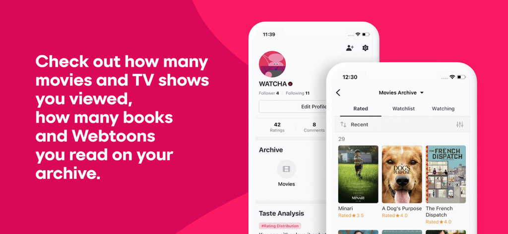 WATCHA PEDIA - Visualizzazione dell'app Watcha Pedia del profilo utente e dell'archivio film personale con film valutati