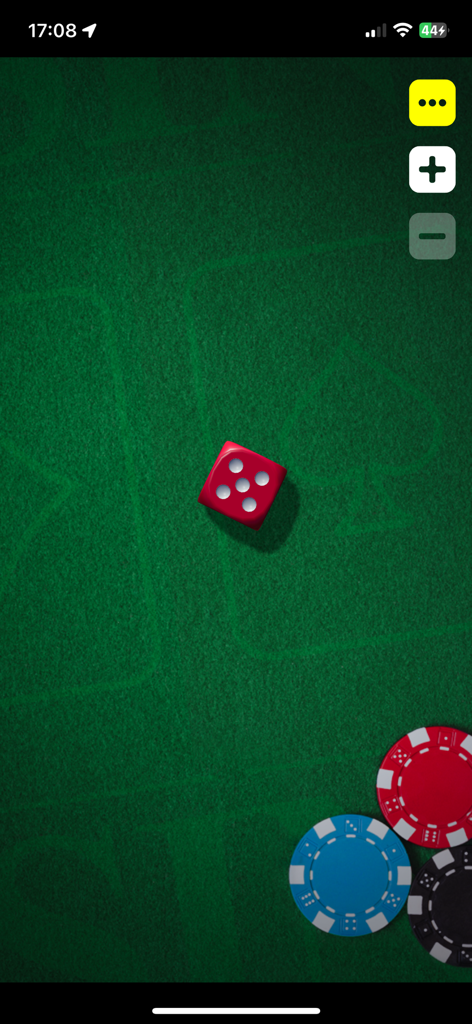 Un dado rojo 3D sobre una mesa de casino verde con fichas de póker
