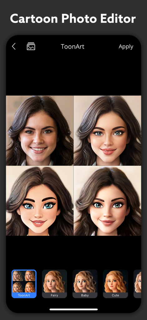 Polaroid AI Photo : ToonArt - Interface do aplicativo ToonArt mostrando uma foto transformada em múltiplos estilos de avatar de desenho animado