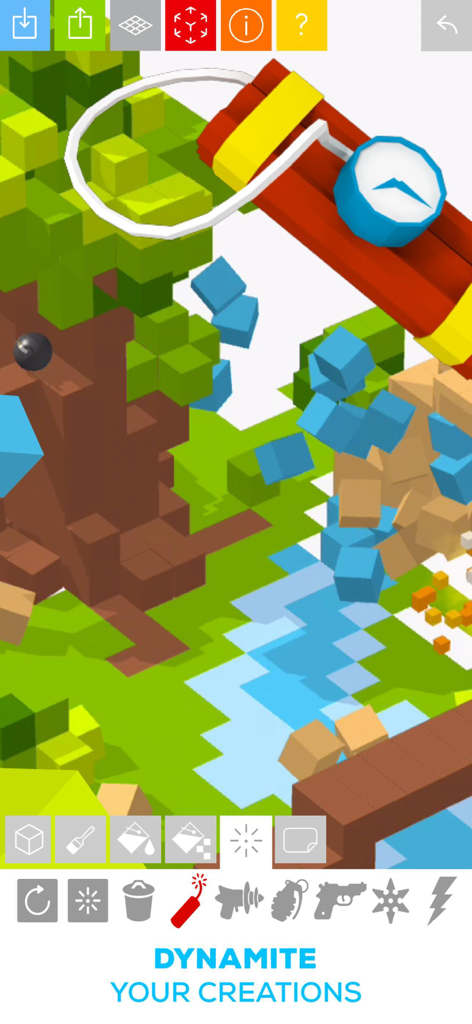 Tayasui Blocks - Brick & Block - A 3D block environment being destroyed with a dynamite tool in the Tayasui Blocks app.