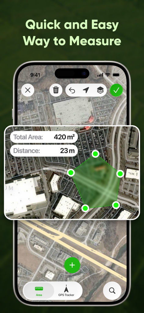 GPS fields area measure map ⁺ - Aplicación de medición de área GPS mostrando un polígono verde en un mapa satelital con resultados de área y distancia totales