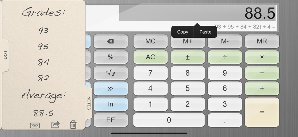 Calculator! - iPad calculator app showing a handwritten notes tab with an average grade calculation