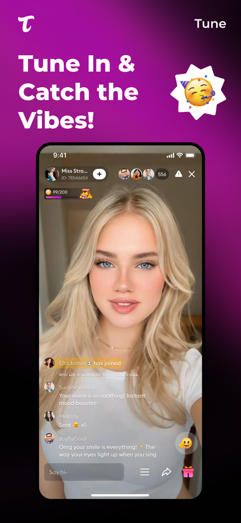 Tune - Livestream & Chat - Interface of Tune app featuring a live video stream with interactive chat messages