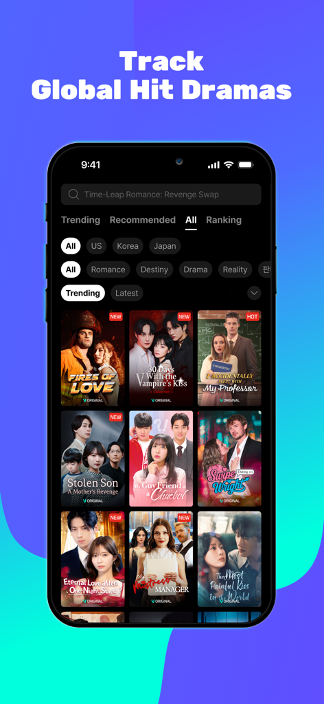 Vigloo - Premier Short Dramas - Una pantalla de smartphone mostrando la interfaz de la app Vigloo con una cuadrícula de pósters de dramas cortos bajo el título Rastrea los Dramas Globales de Éxito.