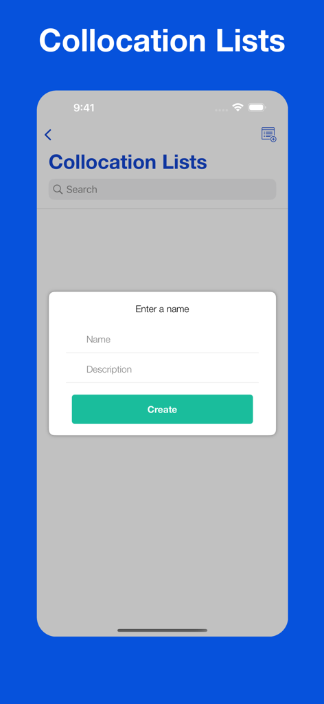 Interface for creating personalized word combination lists in the Dictionary of Collocations app