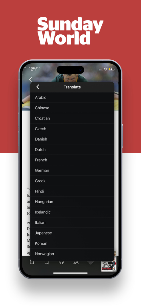 Sunday World e-Edition - Sunday World e-Editionアプリのインターフェース。ニュース記事の上に翻訳言語オプションのリストを表示。