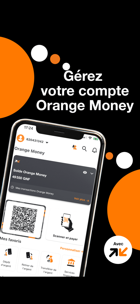 Schermo di smartphone che visualizza l'interfaccia di gestione Orange Money dell'app Orange Max it Guinea