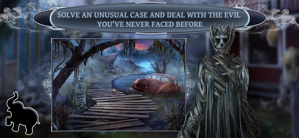 Paranormal Files 2・Tall Man - A tall skeletal wooden creature stands next to a spooky swamp scene with a submerged car and a wooden path.