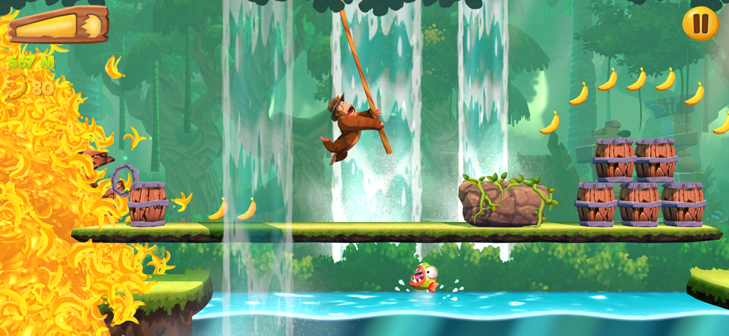 Banana Kong 2 - Un personaje gorila balanceándose en una liana en un entorno de jungla vibrante con cascadas y coleccionables de plátanos