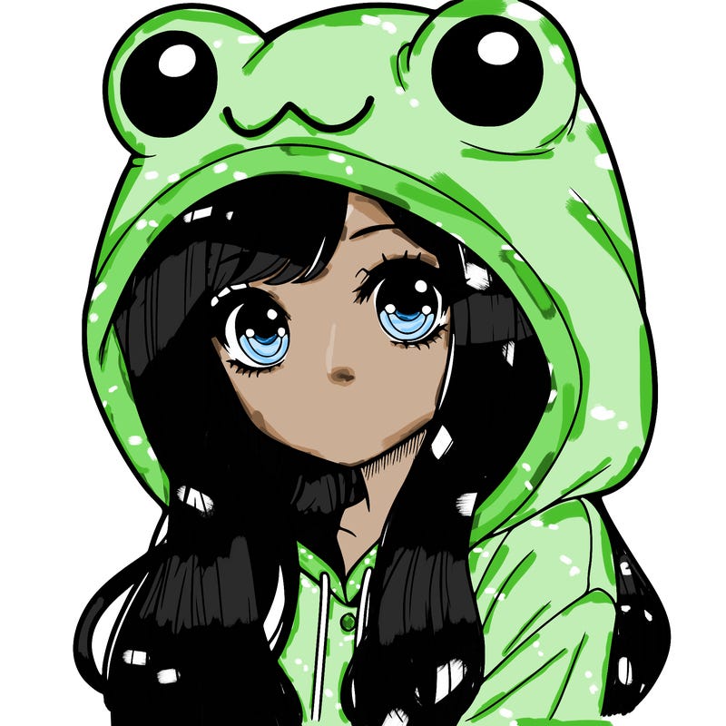 a pretty girl wearing a frog hoodie portrait with long hair