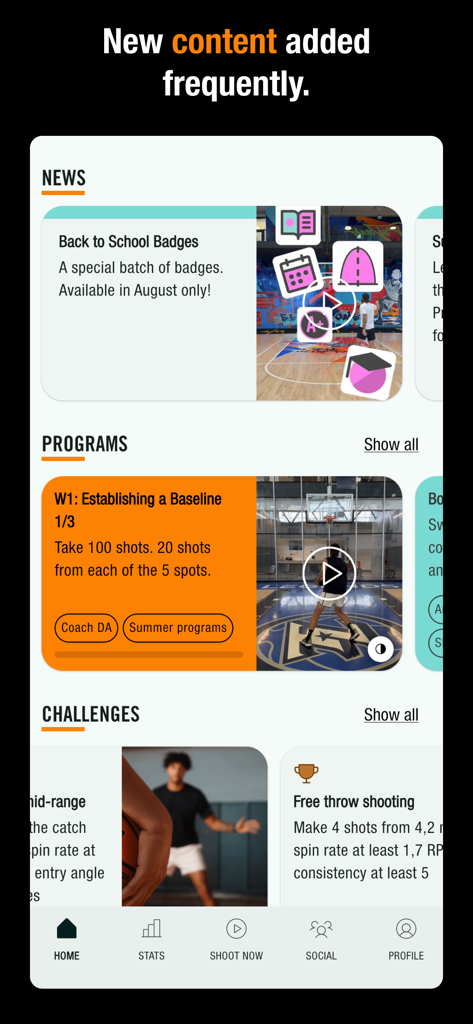 Spalding TF DNA - The home screen of the Spalding TF DNA app displaying basketball news programs and shooting challenges