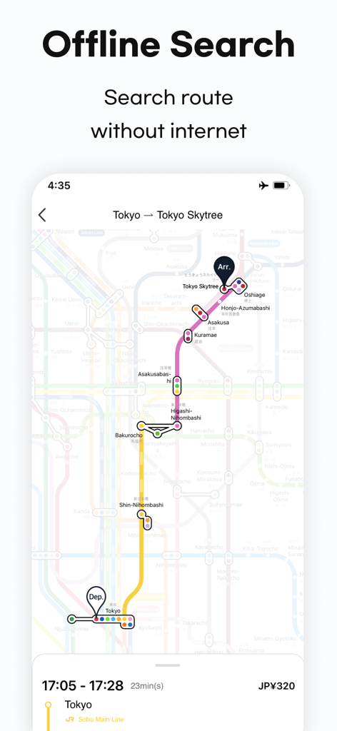 Captura de tela do aplicativo móvel mostrando a pesquisa de rota de metrô offline em Tóquio com tempo de viagem e tarifa